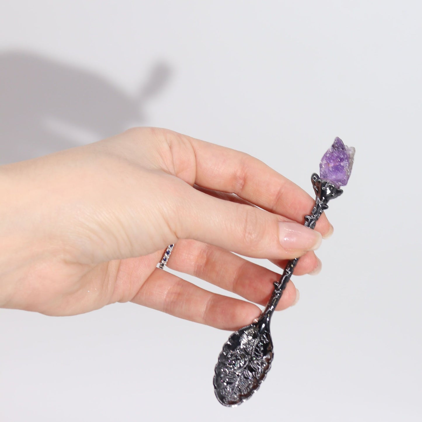 Set of 7 Dark Silver Gemstone Crystal Witch Spoons – detail view