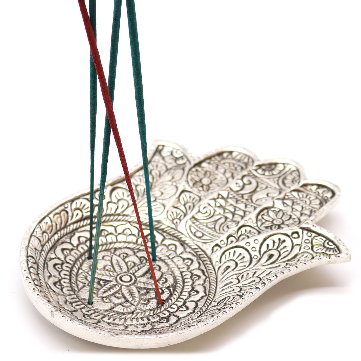 Hamsa Incense Holder - Polished Aluminium, 18x13cm