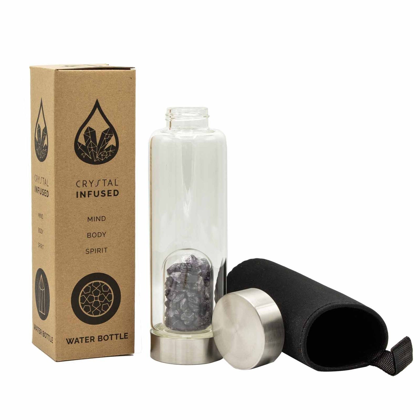 Crystal Infused Glass Water Bottle - Relaxing Amethyst - Chips – lifestyle shot