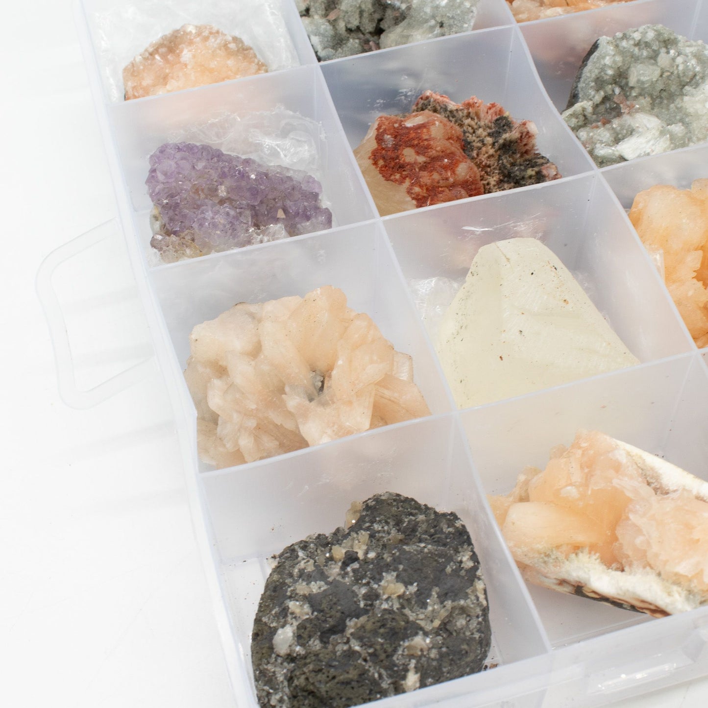 Mineral Specimens - Mixed Indian Zeolites in a Display (White Apophyllite, Stilbite,Finger Quartz, Amethyst, Green Stilbite, Heulandite) – product image 7