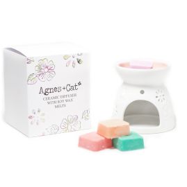Ceramic Floral Wax Melt Burner with 4 Soy Wax Melts - Agnes + Cat