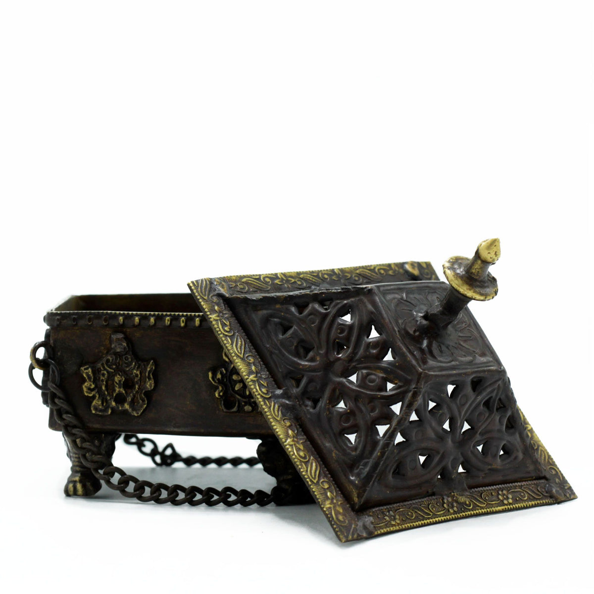 Eight Symbols Brass Tibetan Burner - Square Hanging Pot