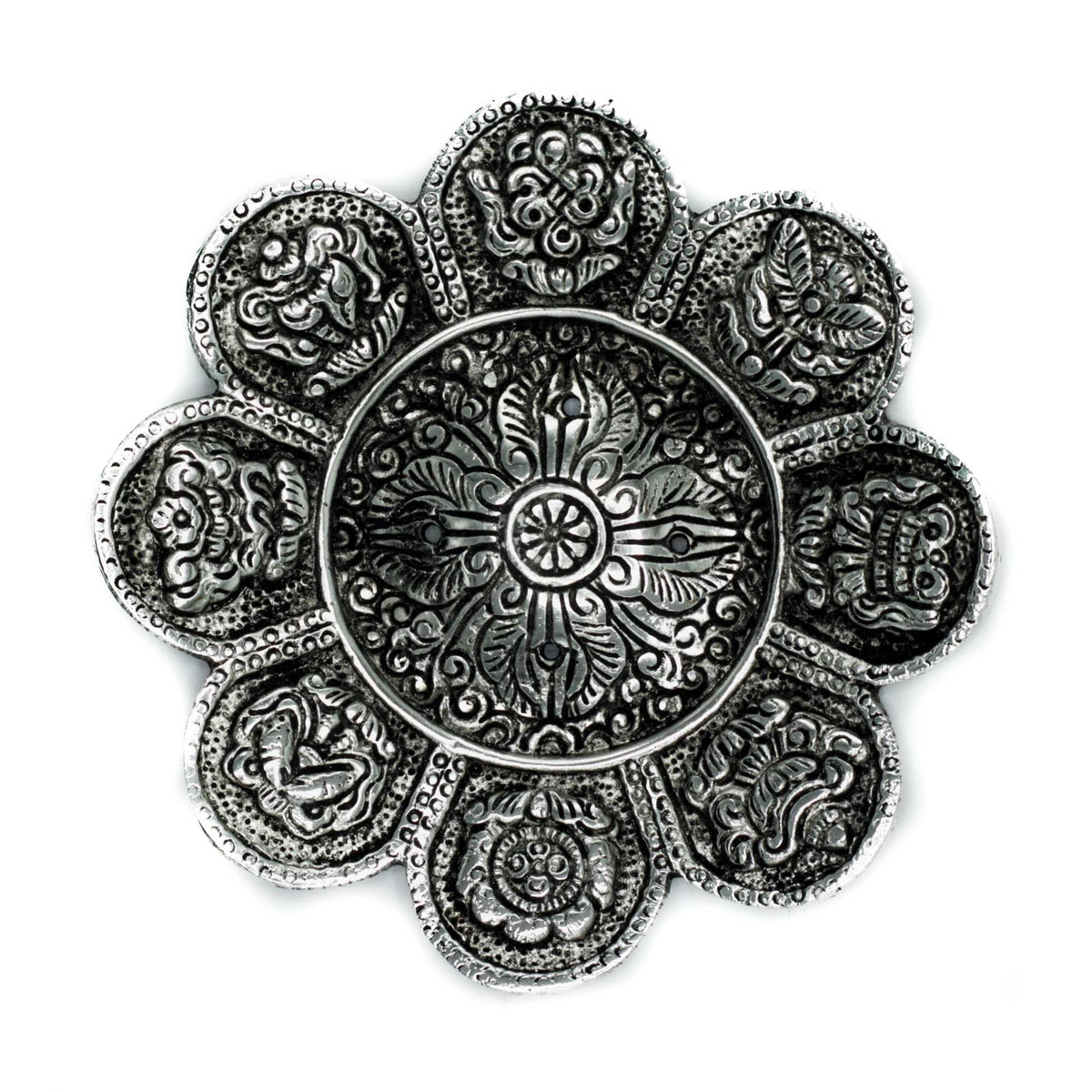 Tibetan Symbol Incense Holder - Polished Aluminium, 12cm