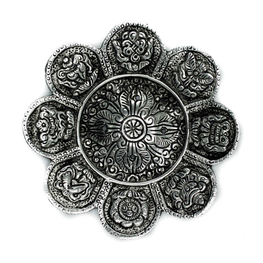 Tibetan Symbol Incense Holder - Polished Aluminium, 12cm