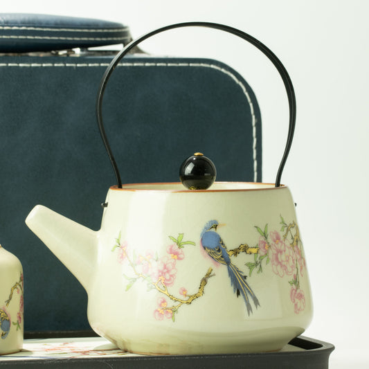 Blue Bird Qing Dynasty Travel Teapot Set, Two Cups