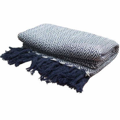 Midnight Herringbone Boho Throw – Navy Zigzag Tassel Blanket