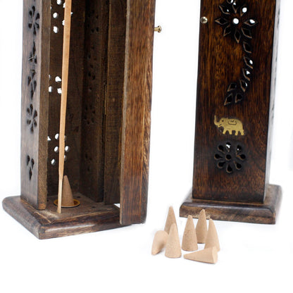 Square Incense Tower - Brass inlay - Mango Wood – detail view