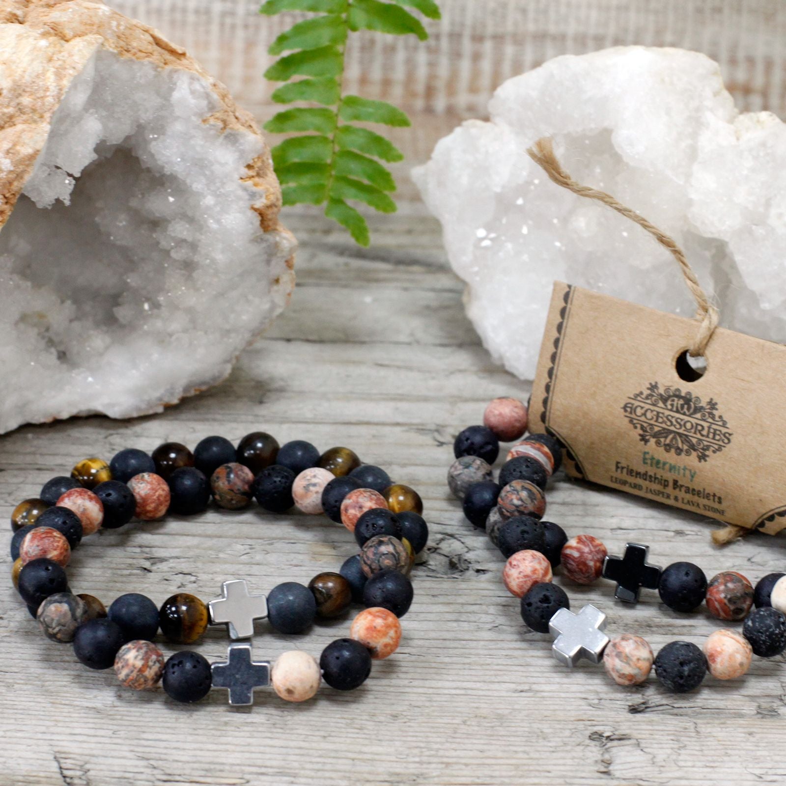 Set of 2 Gemstones Friendship Bracelets - Eternity - Leopard Skin Jasper & Lava Stone – packaging