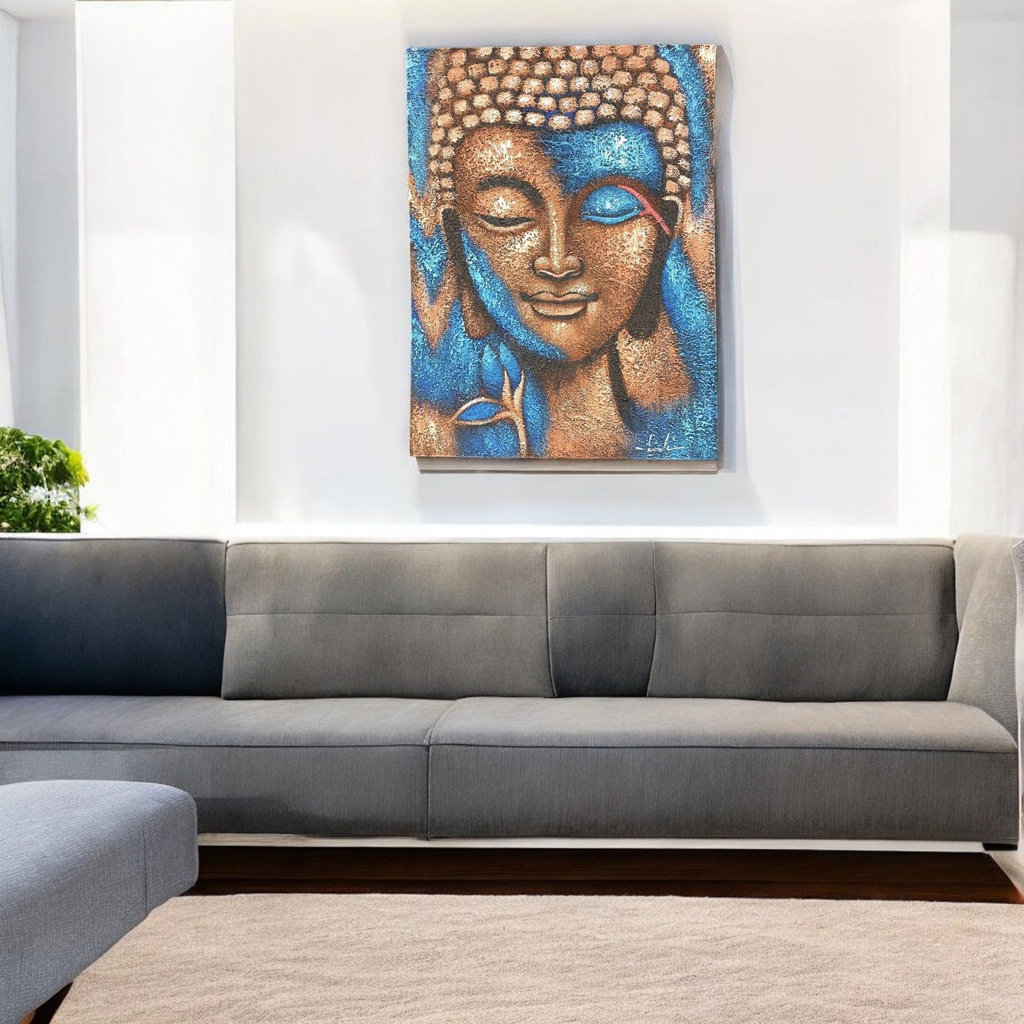 Radiant Tranquility – Gold & Blue Buddha Painting (75×55cm)