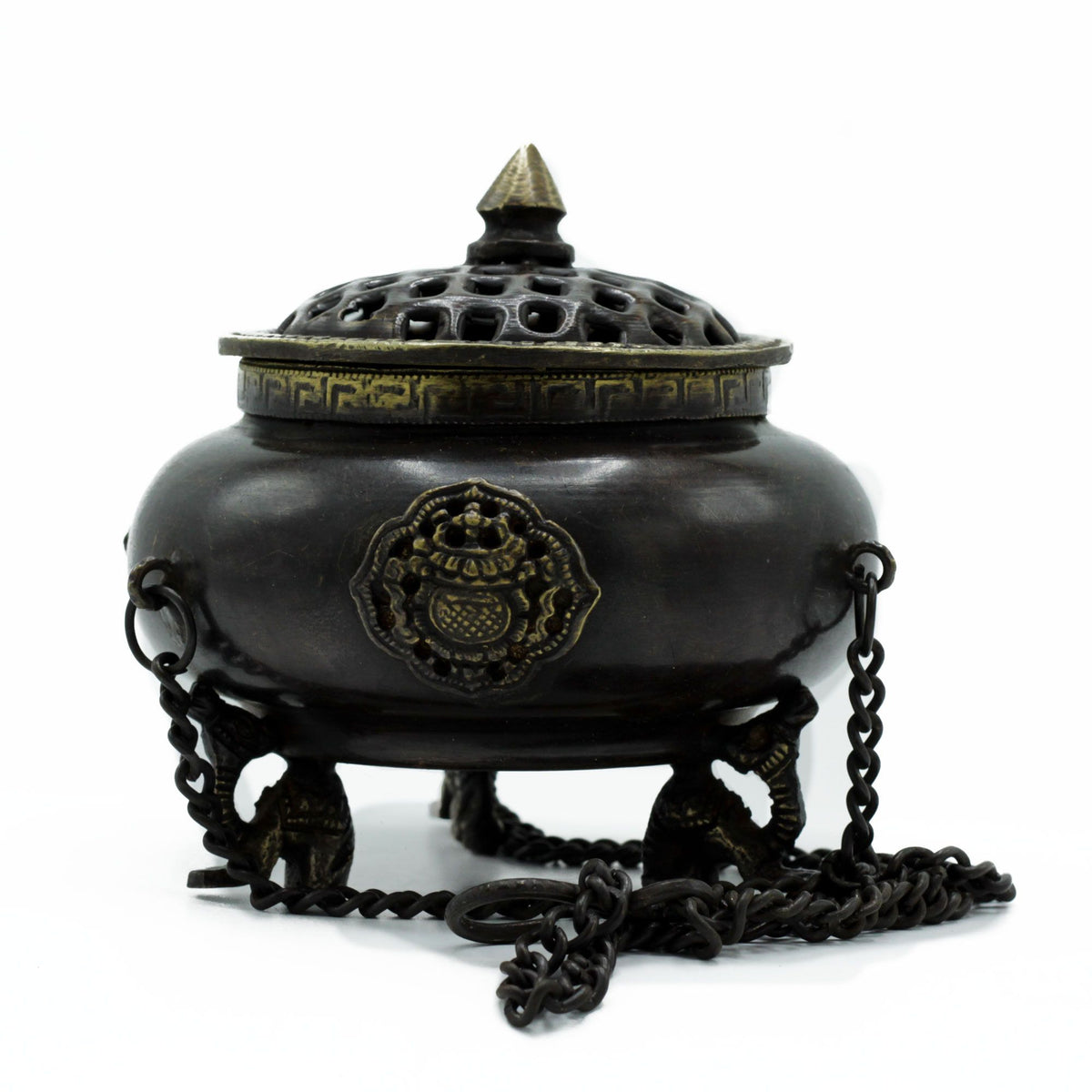 Four Symbol Brass Tibetan Burner - Large Hanging Pot