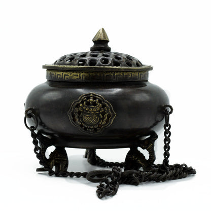 Four Symbol Brass Tibetan Burner - Large Hanging Pot