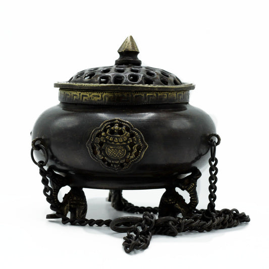 Four Symbol Brass Tibetan Burner - Large Hanging Pot