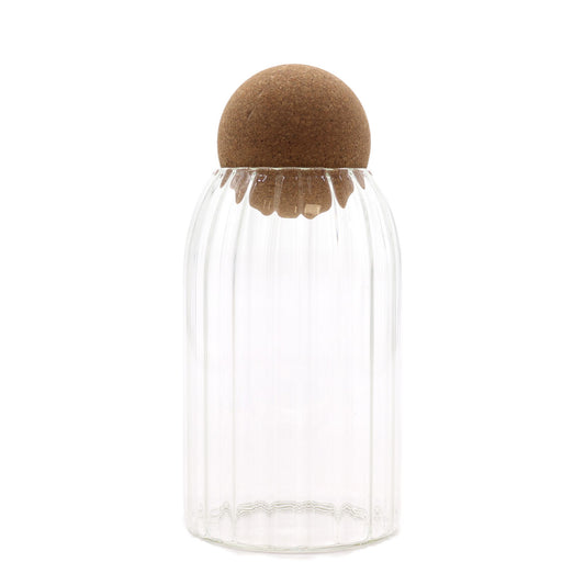 Minimalist Cork-Ball Ribbed Glass Jar – 15cm