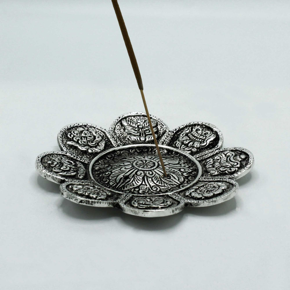Tibetan Symbol Incense Holder - Polished Aluminium, 12cm