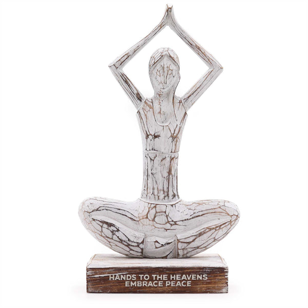 Wooden Yoga Lady - Whitewash - Hands Up Pose - "Hands to the Heavens Embrace Peace" | Auro & Co