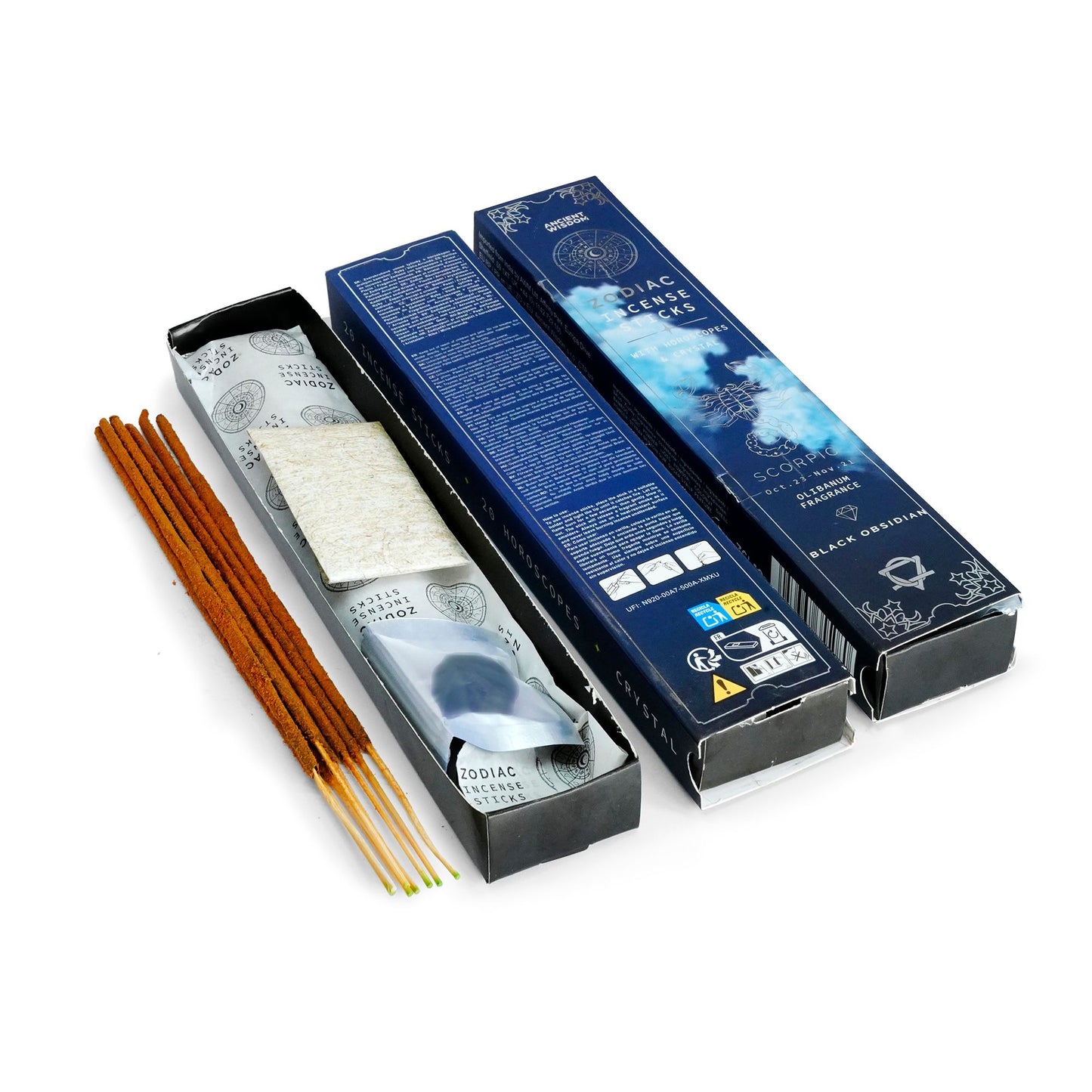 Incense sticks with their packaging on a white background