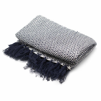 Midnight Herringbone Boho Throw – Navy Zigzag Tassel Blanket