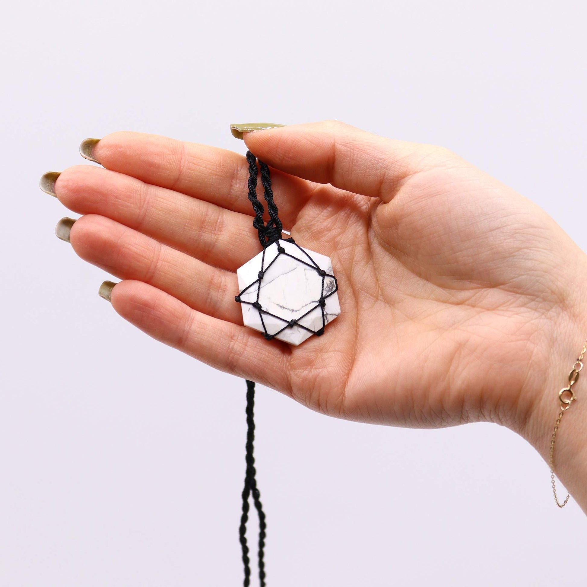 Laced Gemstone Hexagon Pendant - White Howlite – detail view