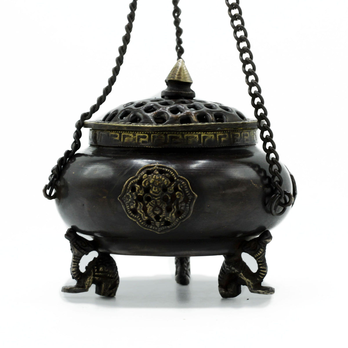 Four Symbol Brass Tibetan Burner - Large Hanging Pot