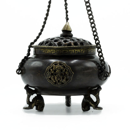 Four Symbol Brass Tibetan Burner - Large Hanging Pot