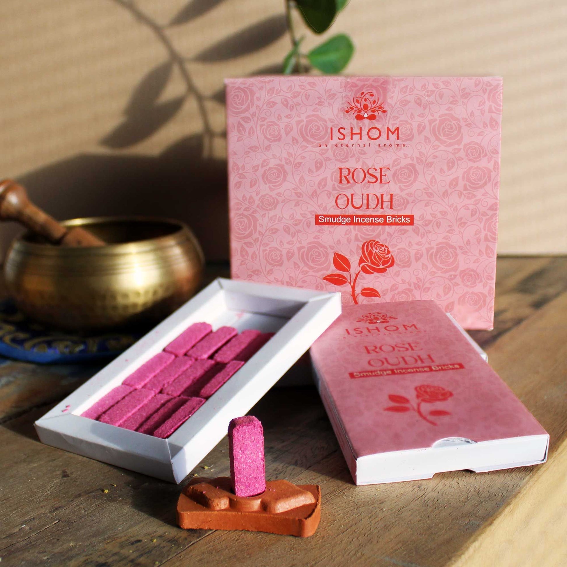 Pack of 15 Natural Incense Smudge Bricks and Burner - Rose Wood – detail view