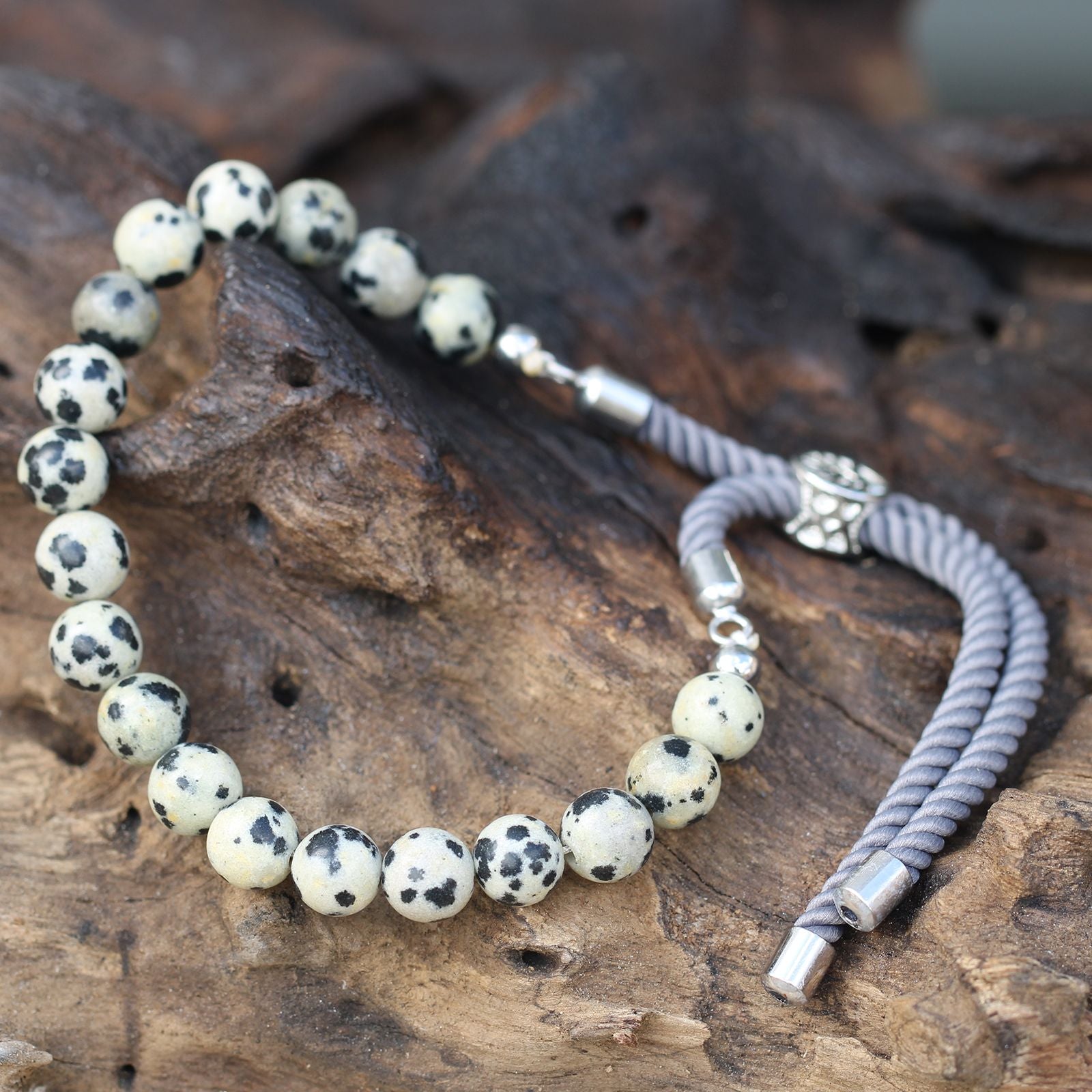 925 Silver Plated Gemstone Charcoal String Bracelet - Dalmatian Jasper – packaging