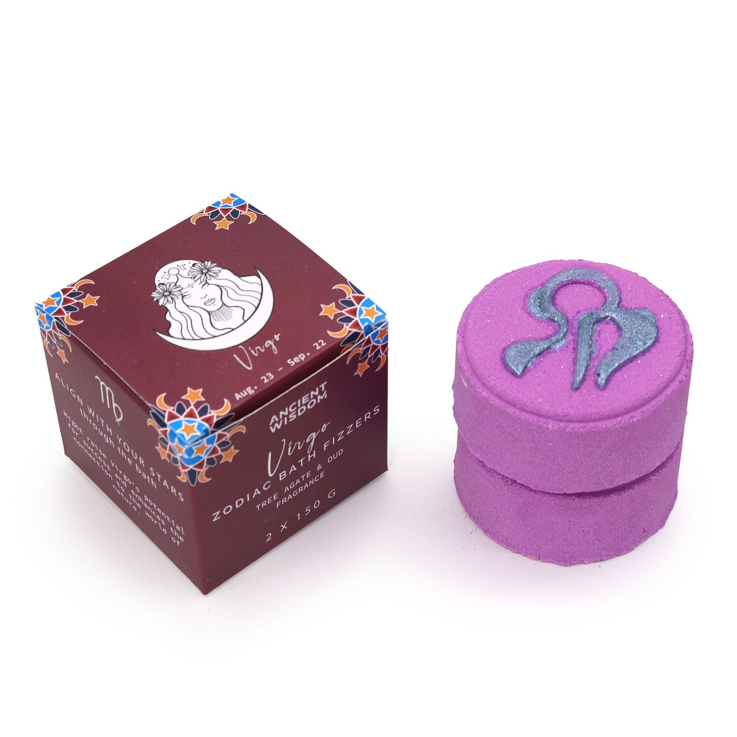 Purple zodiac-themed bath fizzer with packaging on a white background