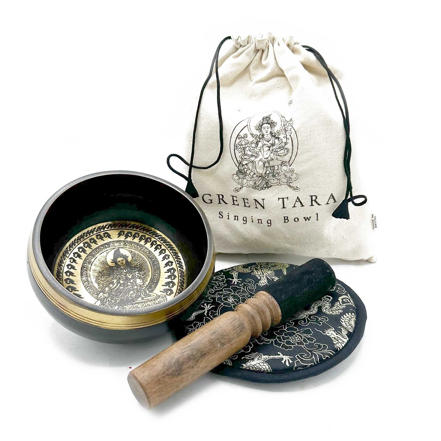Hand Beaten & Engraved Singing Bowl Gift Set - 14cm - Green Tara | Auro & Co