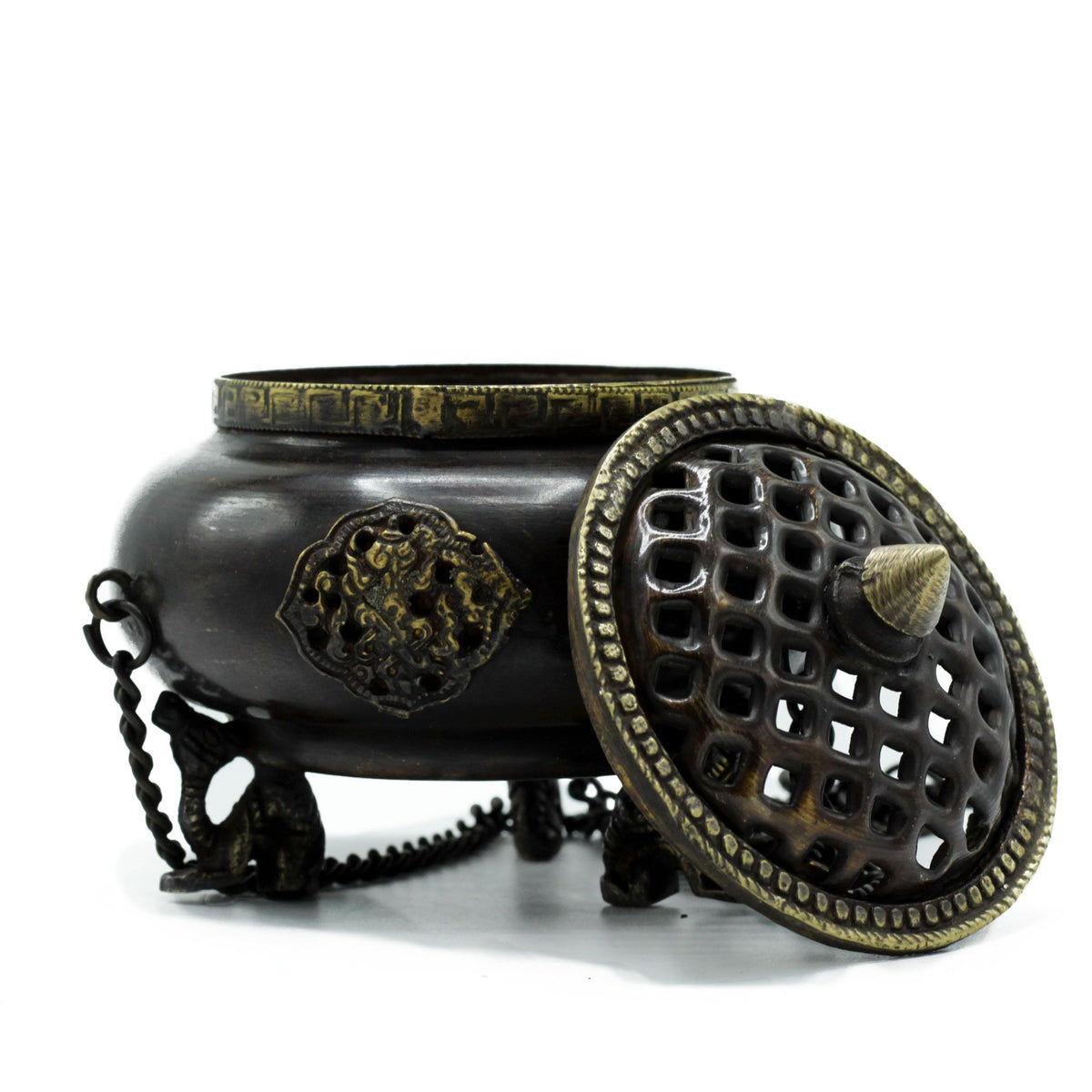 Four Symbol Brass Tibetan Burner - Large Hanging Pot