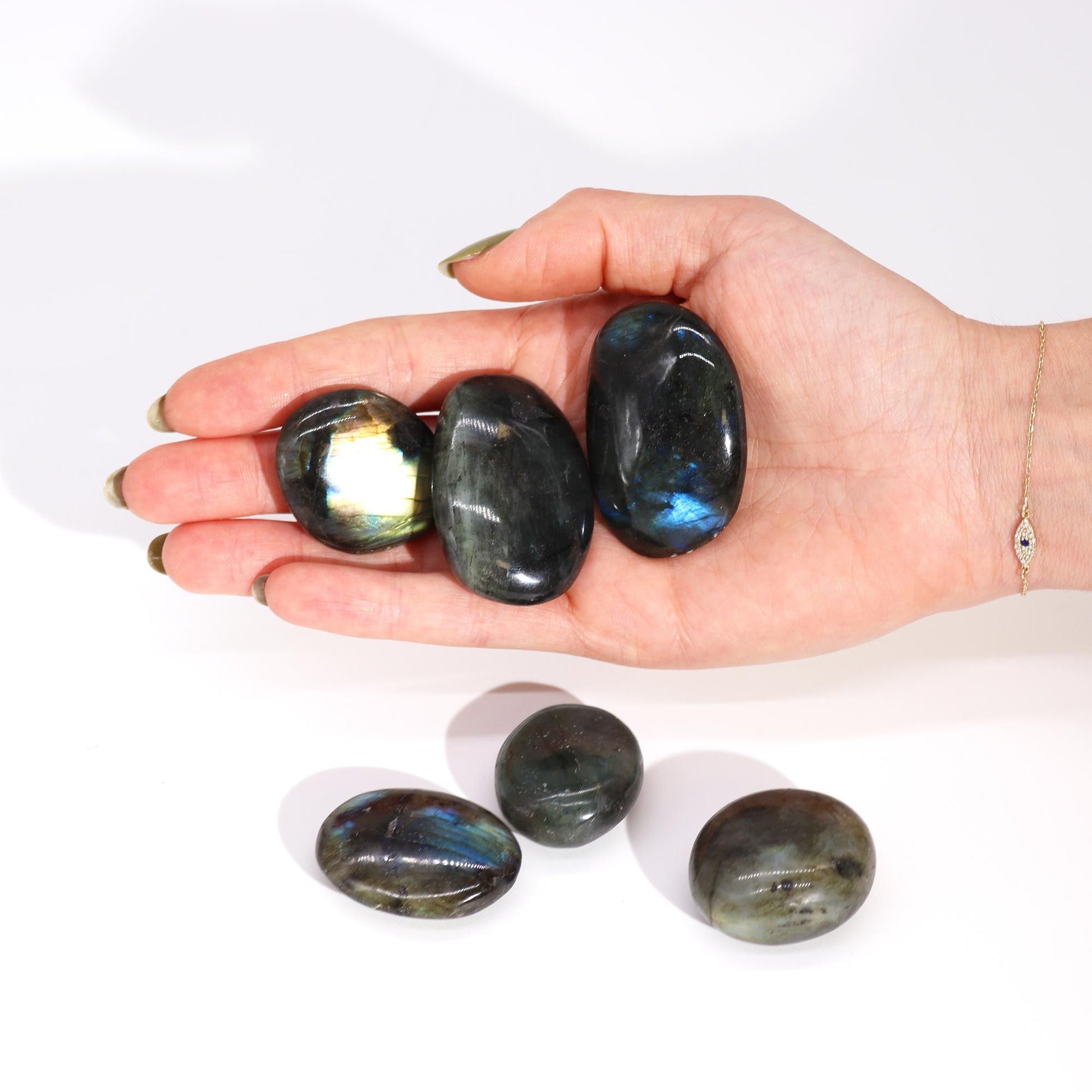 Madagascar Labradorite Palm Stone (approx 25-30gms 55-60mm) – lifestyle shot