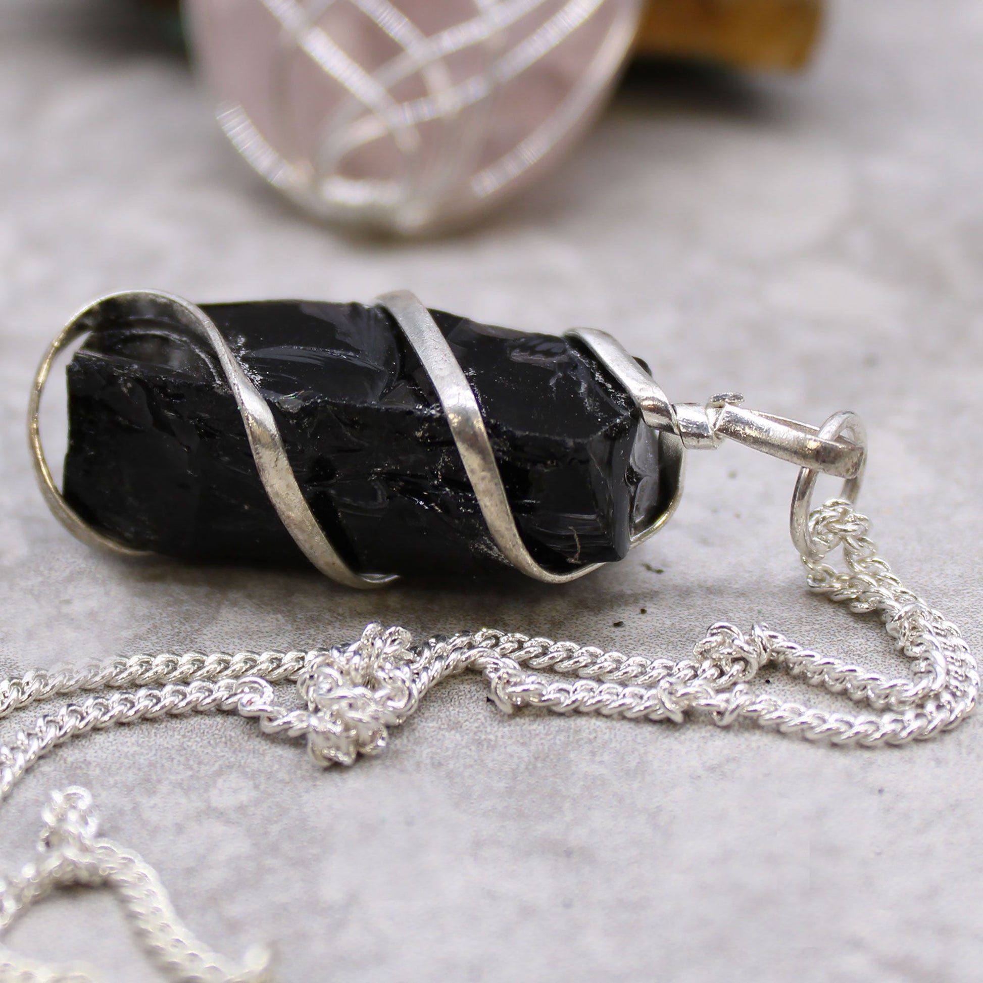Cascade Wrapped Gemstone Necklace - Rough Black Onyx – detail view