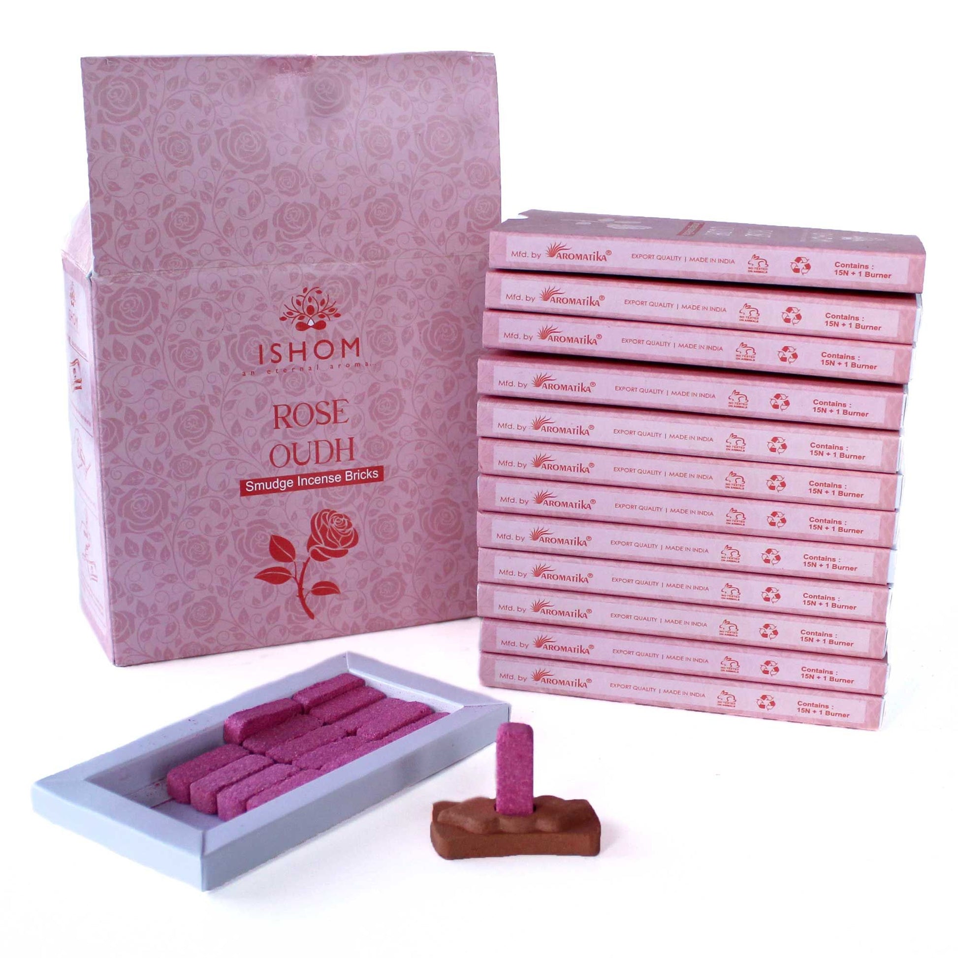 Pack of 15 Natural Incense Smudge Bricks and Burner - Rose Wood | Auro & Co