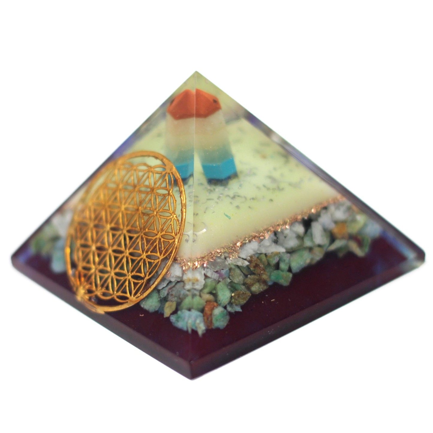 Lrg Organite Pyramid 80mm - Flower of life symbol – lifestyle shot