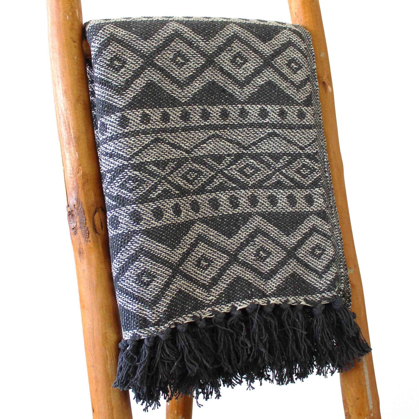 Shadow-Weave Throw – Grey Geometric Tassel Blanket