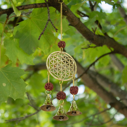 Flower of Life Brass Chime, Rudraksha Beads, 3 Bells