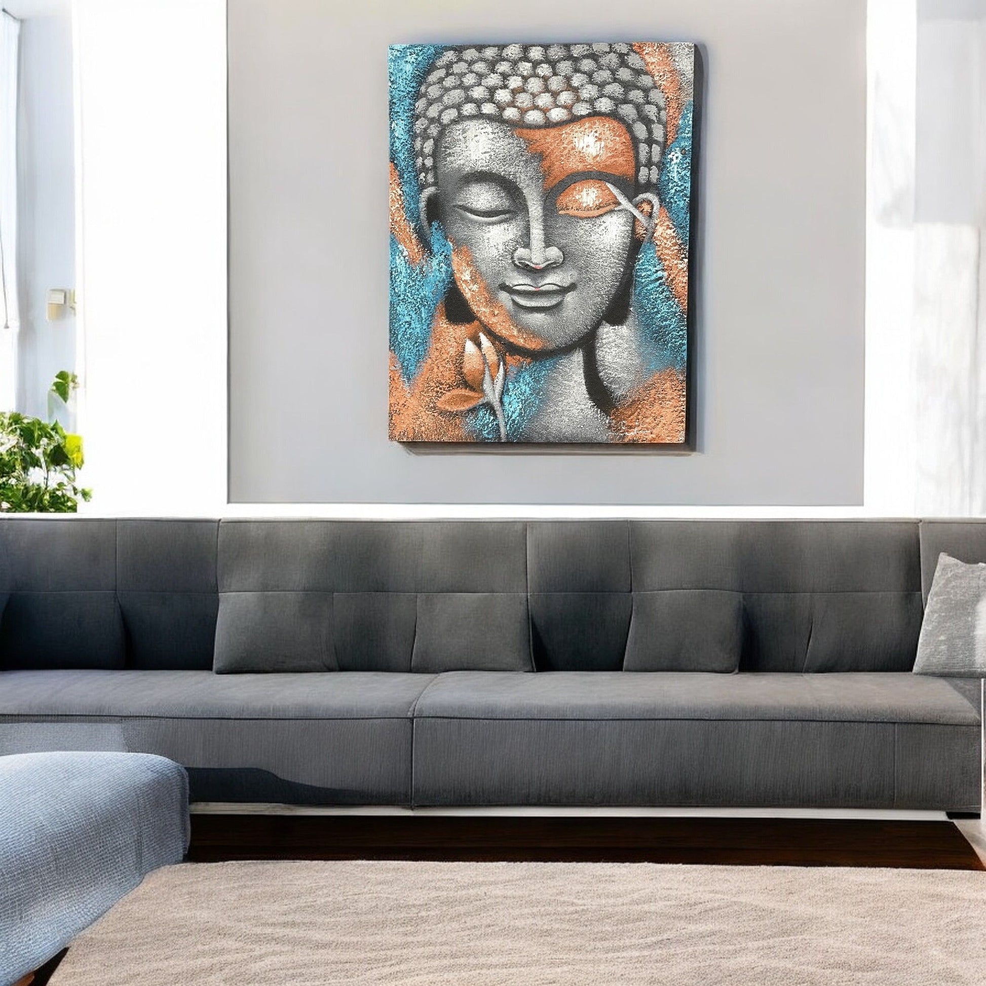 Buddha Painting - Silver & Rose Gold Flower 75x55cm – detail view