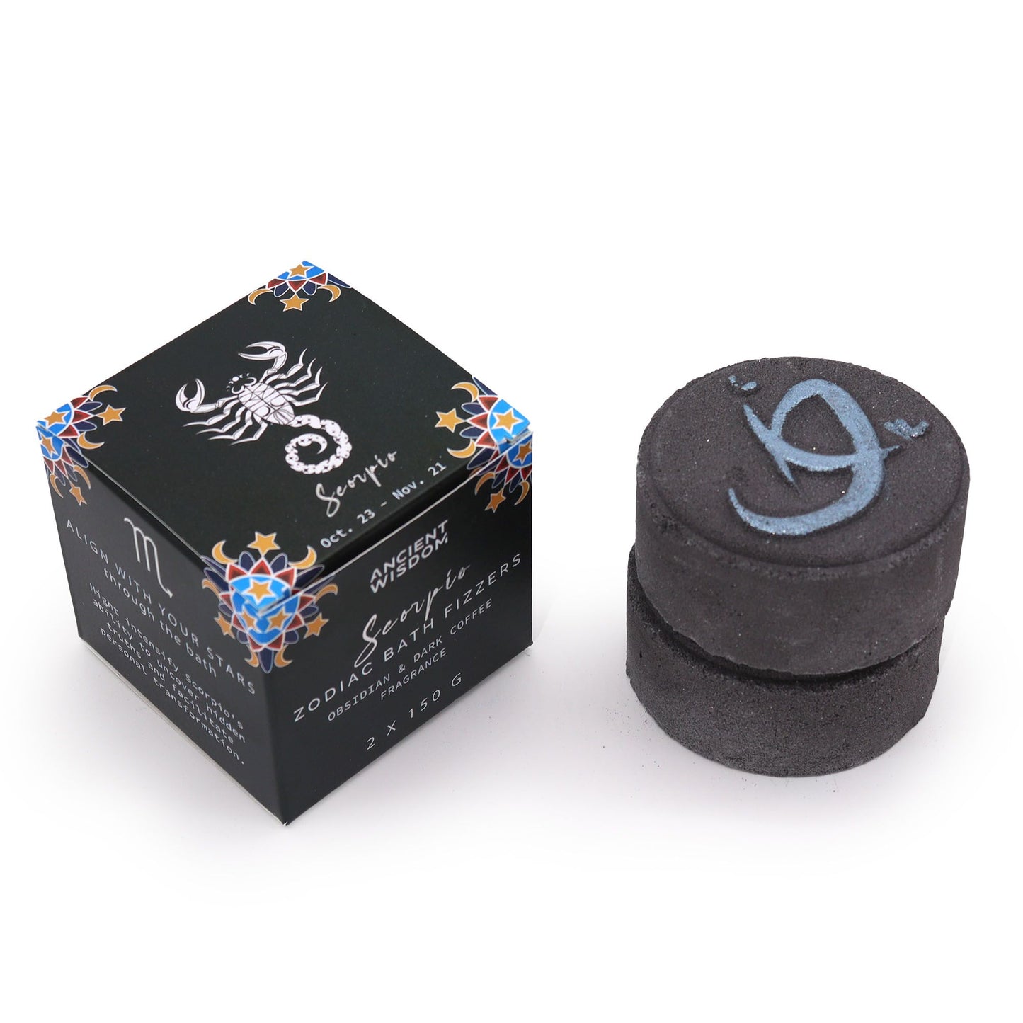 Black container with blue symbol and Scorpio zodiac sign packaging on a white background