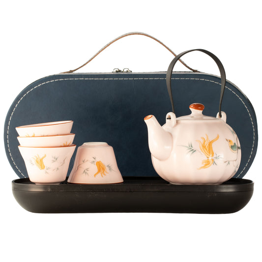 Pink Vintage Pumpkin Style Travel Teapot Set, Four Cups