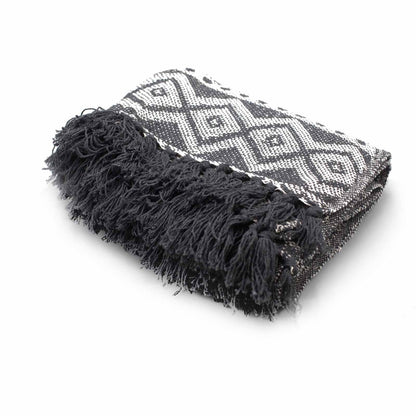 Shadow-Weave Throw – Grey Geometric Tassel Blanket