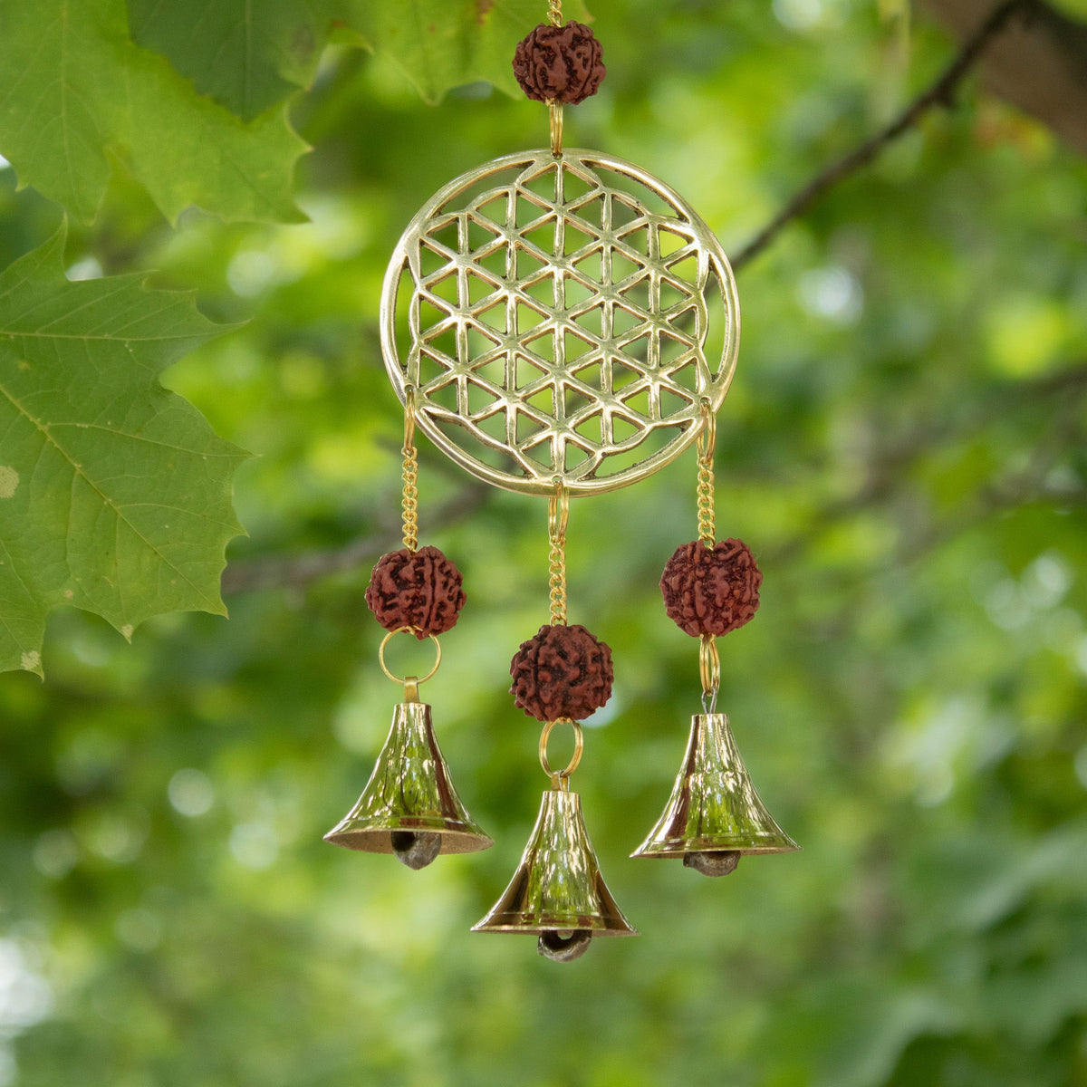 Flower of Life Brass Chime, Rudraksha Beads, 3 Bells