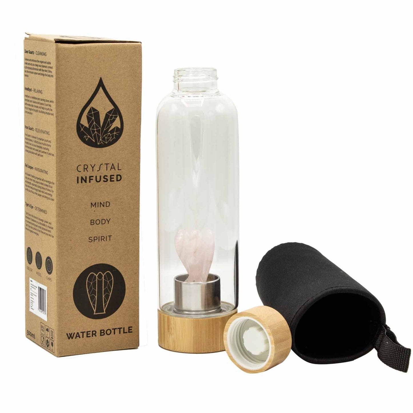 Crystal Infused Glass Water Bottle - Rejuvenating Rose Quartz - Angel – detail view