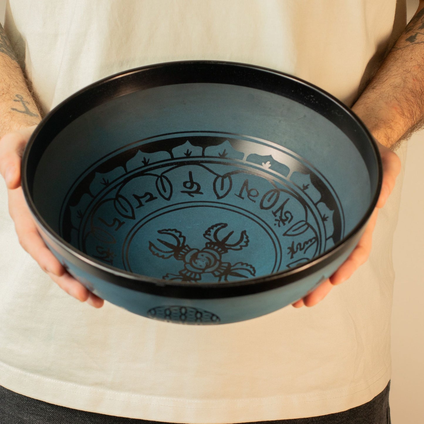 Large Aluminum Singing Bowl - Tibetan Double Dorjy Design - Blue (27cm) – product image 6