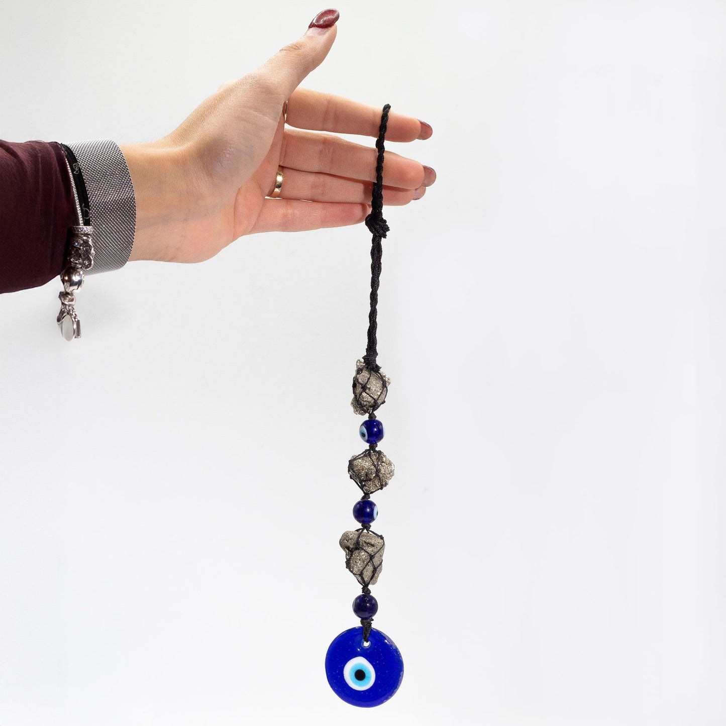 Hanging Stone Pendant - Pirite Stones & Beads- Evil Eye – lifestyle shot