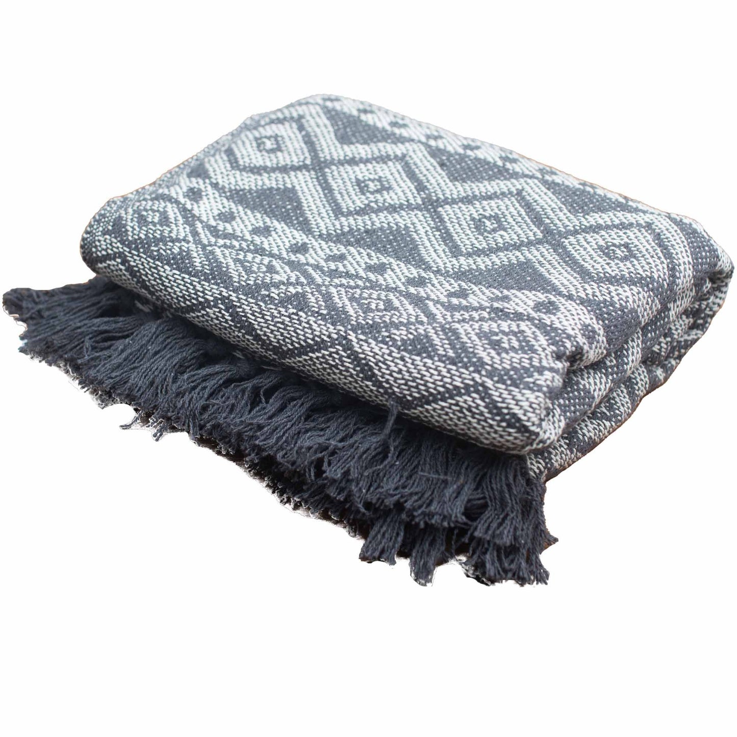 Shadow-Weave Throw – Grey Geometric Tassel Blanket