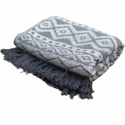 Shadow-Weave Throw – Grey Geometric Tassel Blanket
