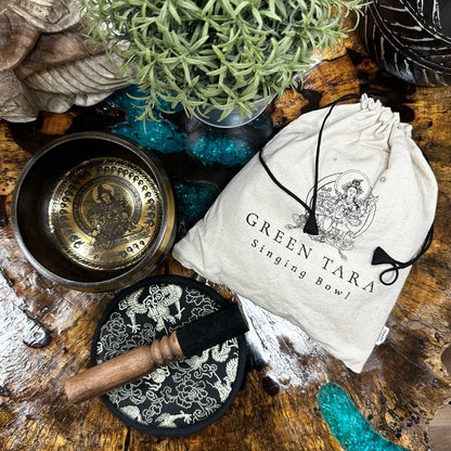 Hand Beaten & Engraved Singing Bowl Gift Set - 14cm - Green Tara – packaging