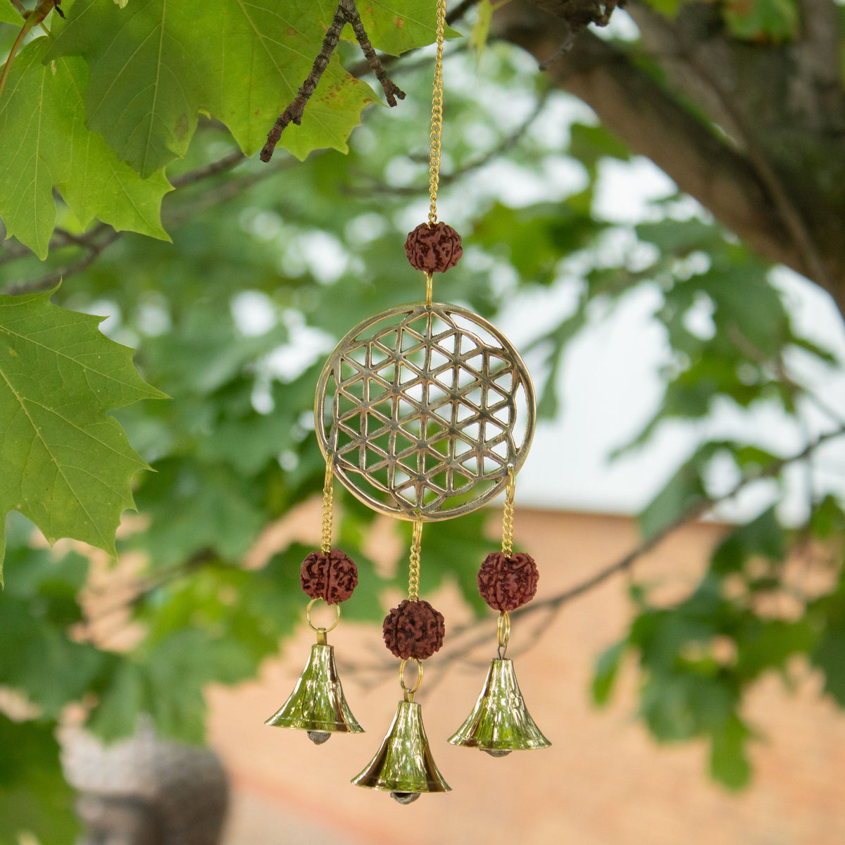 Flower of Life Brass Chime, Rudraksha Beads, 3 Bells