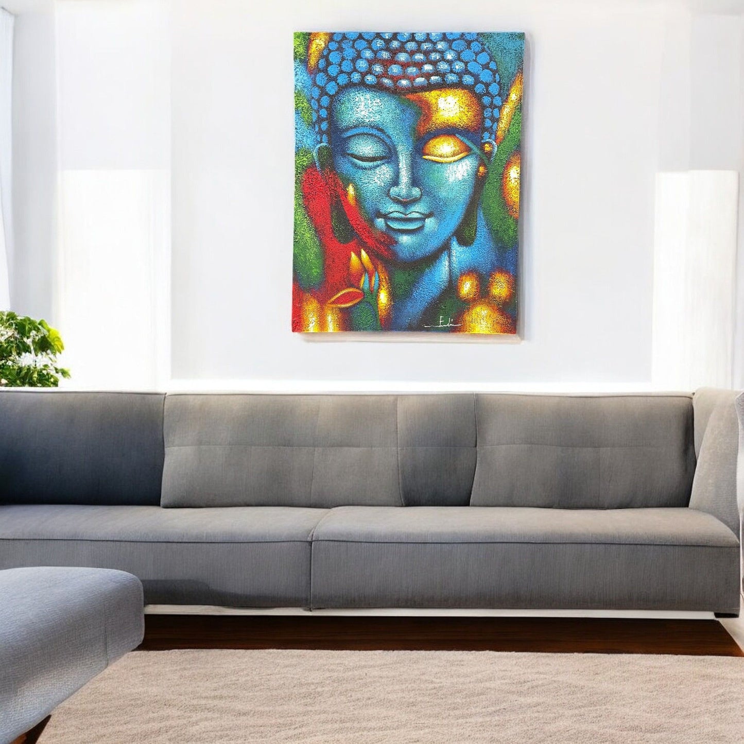 Buddha Painting - Blue & Gold Flower 75x55cm – detail view