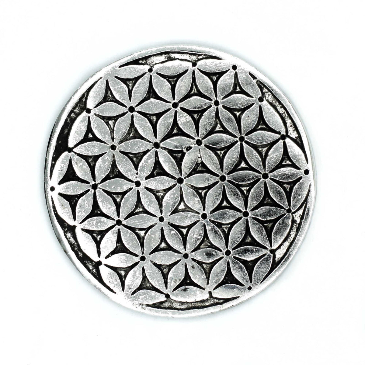 Flower of Life Incense Holder - Polished Aluminium, 11cm