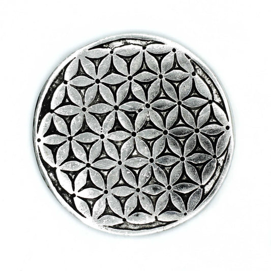 Flower of Life Incense Holder - Polished Aluminium, 11cm